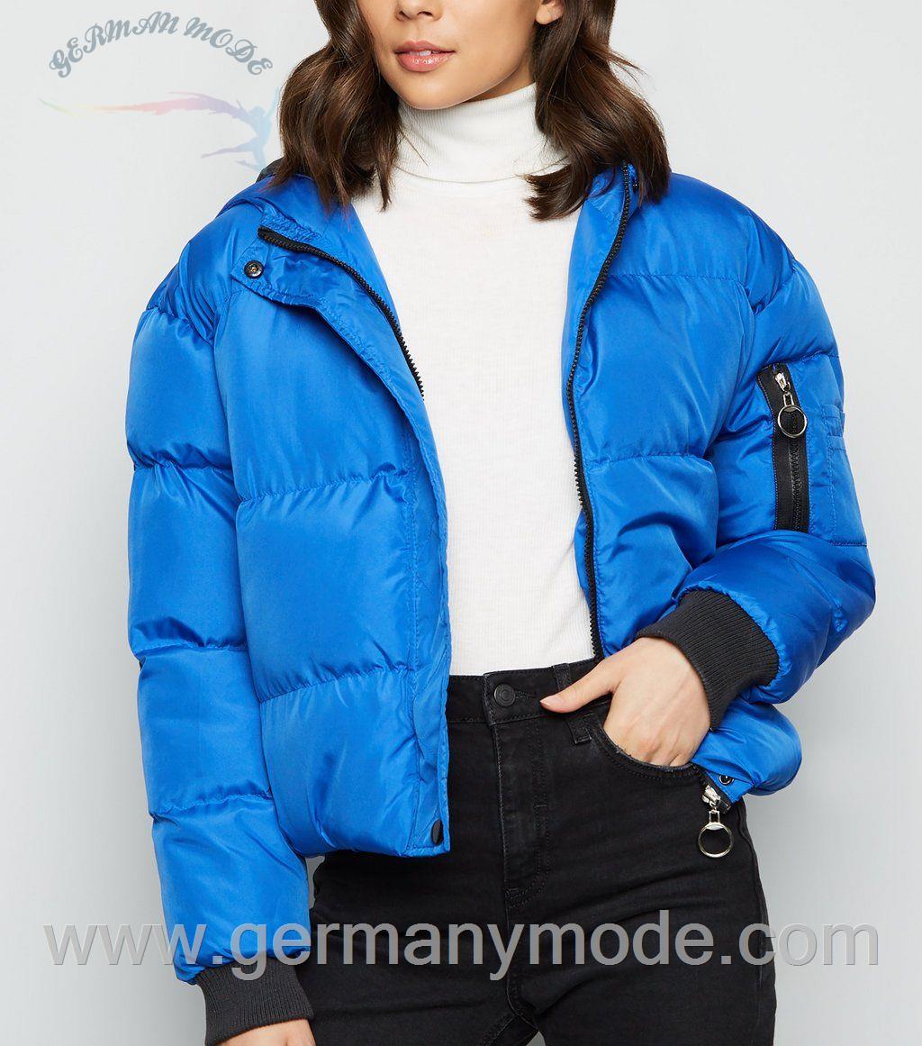 blue cropped puffer jacket