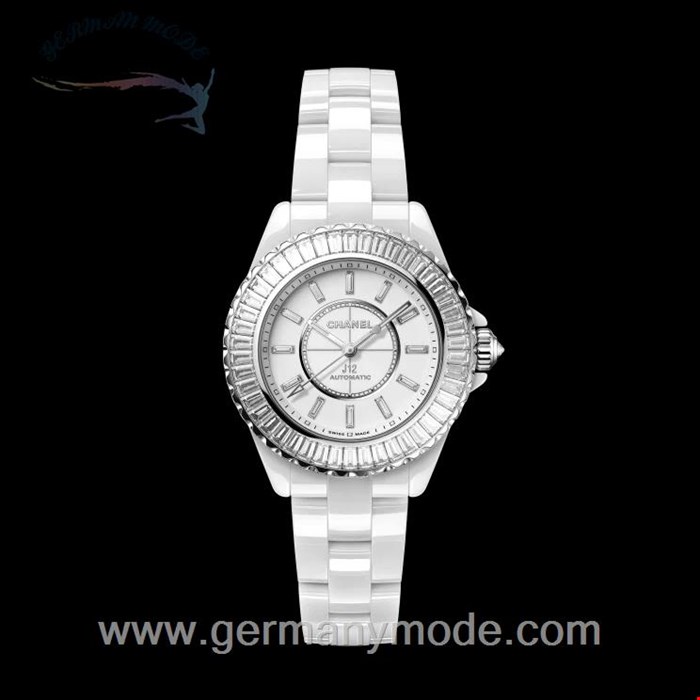 ساعت مچی زنانه سرامیکی الماس نشان شنل فرانسه CHANEL J12 BAGUETTE DIAMANTLÜNETTE UHR KALIBER 12.2, 33 MM H7430