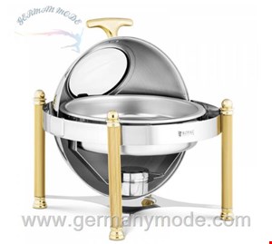 ظرف شفینگ دیش گرد پایه دار رویال کترینگ آلمان Chafing Dish - rund - Goldakzente - Rolltop-Haube - 6 L - Royal Catering 10012588
