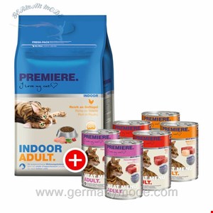 غذا خشک گربه با طعم گوشت پریمیر آلمان PREMIERE Adult Mischfütterung Set 2tlg.1 Indoor 4kg + 6x400g Meat Menu Adult Mixpaket