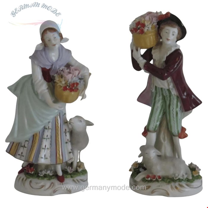 مجسمه نقاشی با دست دکوری چینی آنتیک قدیمی Paar Sitzendorf Figuren Porzellanblumenverkäufer Deutsch vollständig gekennzeichnet ca1920