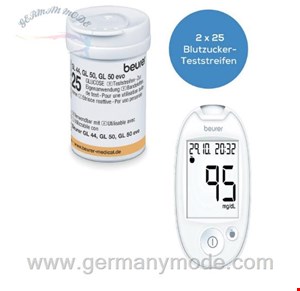 دستگاه و نوار تست قند خون بیورر آلمان Beurer Blutzuckermessgerät GL44 mg/dl White + 50 Teststreifen