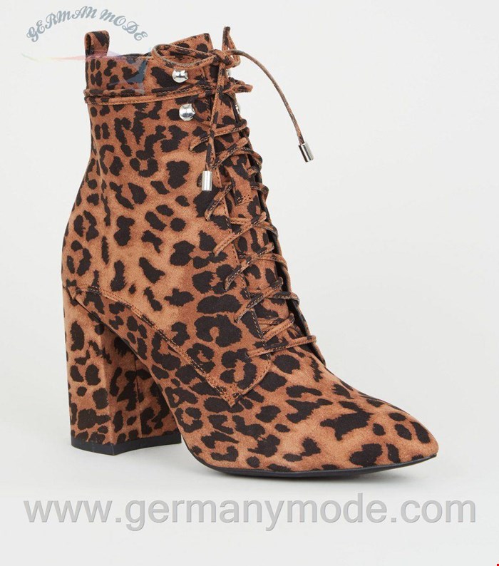 نیم بوت زنانه نیولوک (انگلستان) Brown Leopard Print Pointed Block Heel Lace Up Boots